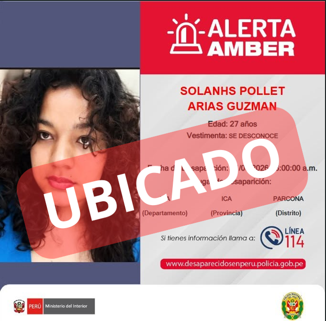 AlertaAmberPNP's tweet photo. 🚨UBICADA | SOLANHS POLLET ARIAS GUZMAN de 27 años de edad, ya ha sido UBICADA 🙌🥳.
🙏Gracias a la rápida difusión; así como el apoyo de todos quienes compartieron la información.
#AlertaAmber #policiaperu #desaparecidoenperu #ahora #Ubicada https://t.co/Z11fvKBJtm