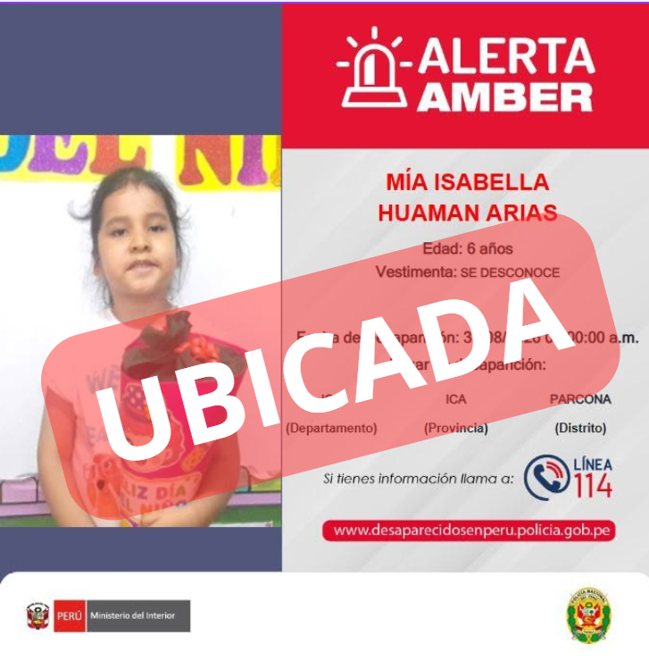 AlertaAmberPNP's tweet photo. 🚨UBICADA |MIA ISABELLA HUAMAN ARIAS de 06 años de edad, ya ha sido UBICADA 🙌🥳.
🙏Gracias a la rápida difusión; así como el apoyo de todos quienes compartieron la información.
#AlertaAmber #policiaperu #desaparecidoenperu #ahora #Ubicada https://t.co/frL7MeDsRs