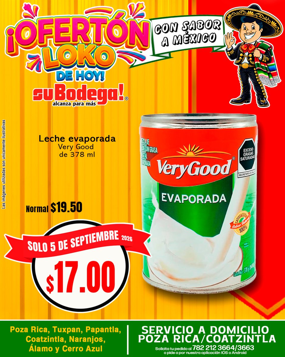 Vanguardia_Mx's tweet photo. 🎉 ¡OFERTÓN DE HOY en Su Bodega! 🎉
🥛 Llévate la Leche Evaporada Very Good de 378 ml por solo $17.00 😱🔥
📍 Encuéntrala en nuestras sucursales de Poza Rica, Tuxpan, Papantla, Coatzintla, Naranjos, Álamo y Cerro Azul.
#SuBodega #Ofertón #OfertaDelDía #AhorraMás https://t.co/lO0YYWmacu
