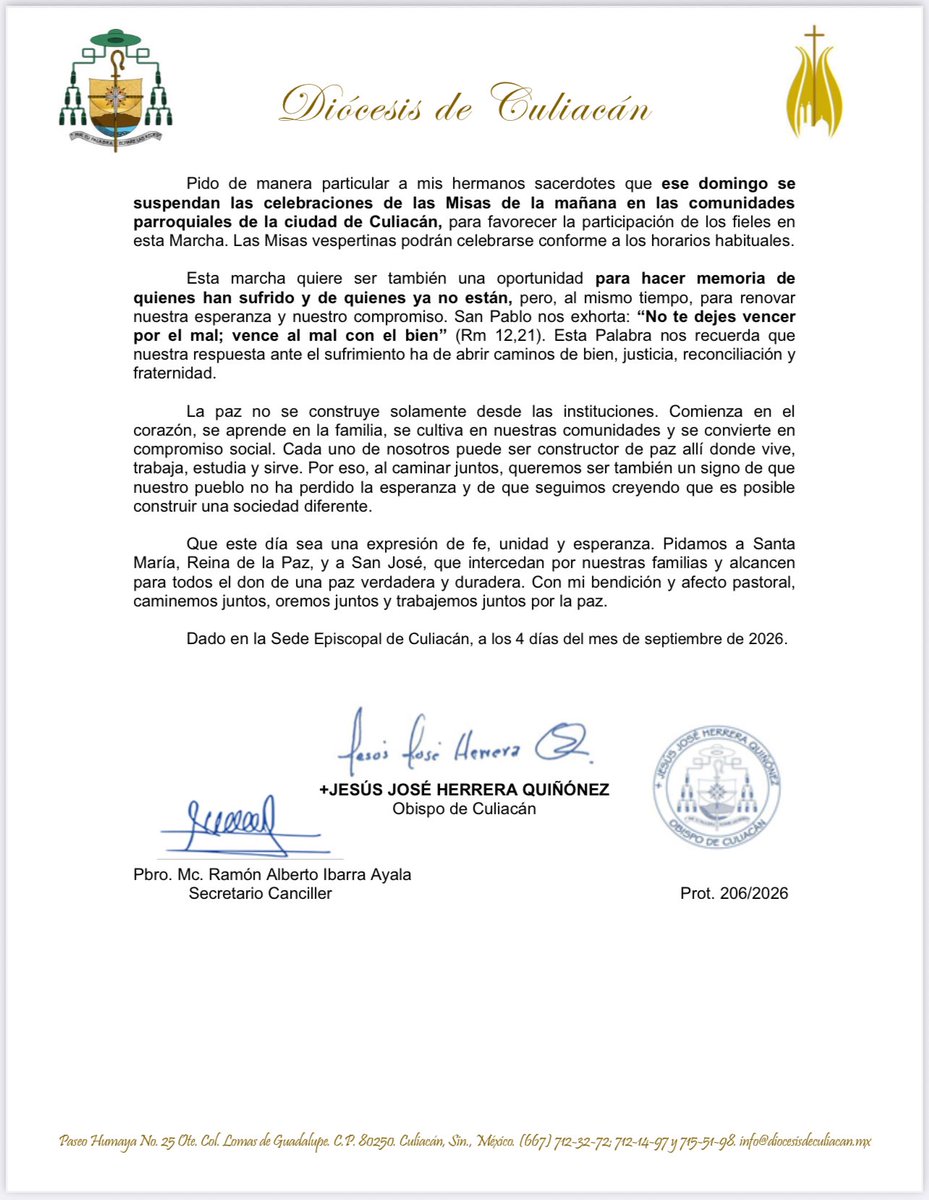 ClouthierManuel's tweet photo. El obispo de Culiacán Jesús José Herrera convoca a los sinaloenses a sumarse a la marcha por La Paz que se realizará el próximo domingo 13 de septiembre, Después de dos años de padecer la guerra criminal que afecta a Sinaloa https://t.co/MNe9ZGnnWF