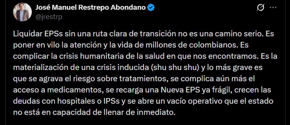 EsmeHernandezSi's tweet photo. Esto decía el vicepresidente Restrepo: “Liquidar EPS sin una ruta clara de transición no es serio… es poner en vilo la vida de millones de colombianos”.

No llevan ni un mes en el Gobierno y Abelardo ya anunció que liquidará las EPS que considere inviables.

La pregunta es sencilla: ¿Restrepo mantendrá su postura o, ahora que es su gobierno, sí le parecerá bien? 🤡