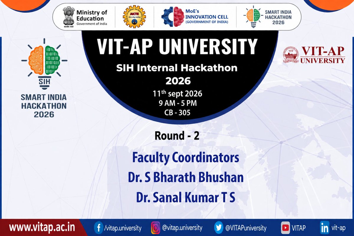 VITAPuniversity's tweet photo. From concept to creation ✨

The momentum builds as VIT-AP University steps into Round 2 of the Smart India Hackathon 2026 Internal Rounds. Watch as our brightest minds code the solutions of tomorrow.

#SIH2026 #VITAP #Hackathon #Innovation #APnaCampus https://t.co/3sjuaR2eh3