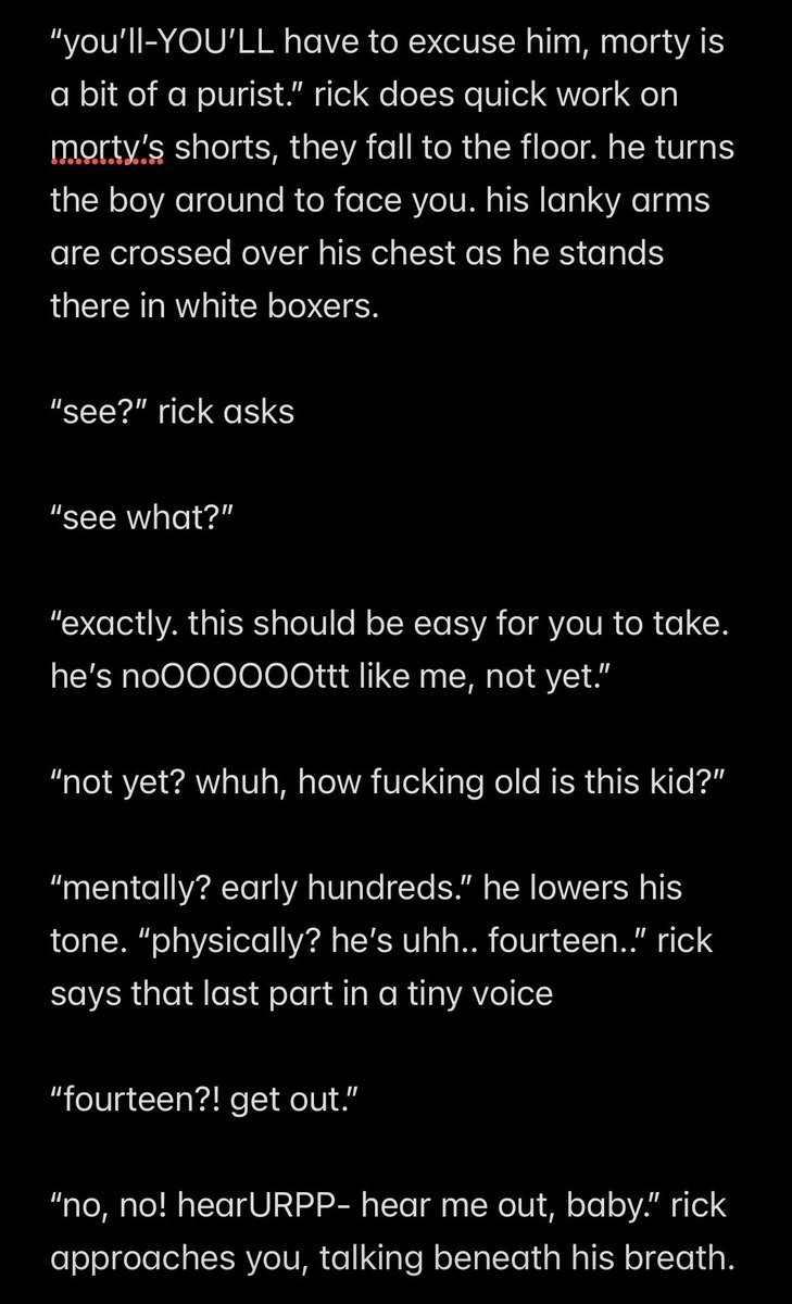 fuacest's tweet photo. “i’ve- i’ve known morty for hundreds of years. hundreds. i practically own him, he owes me a favor, i want to watch him fuck you. is that so wrong? so hard for you to grasp?” 

WIP https://t.co/imq0ubtiAs