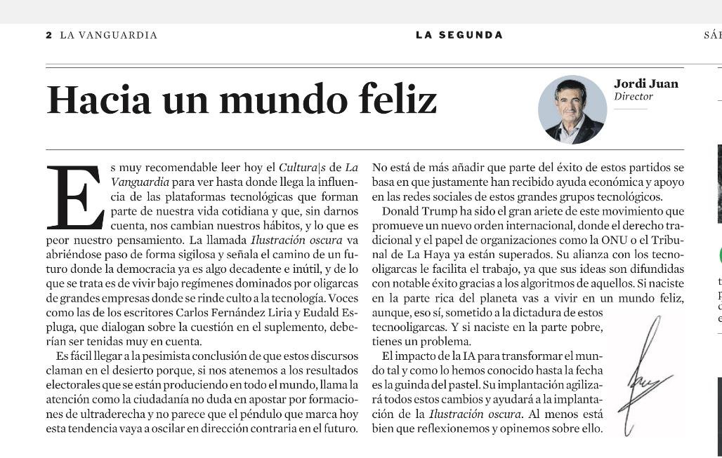 CrisConsuegra's tweet photo. Muy agradecida al suplemento Cultura/s, de La Vanguardia, por la portada que conceden al reportaje que he escrito sobre la Ilustración Oscura a partir de los ensayos de Carlos Fernández Liria y Eudald Espluga. Agradecer a su director, Jordi Juan, el editorial que dedica al tema. https://t.co/td3I47g4ut