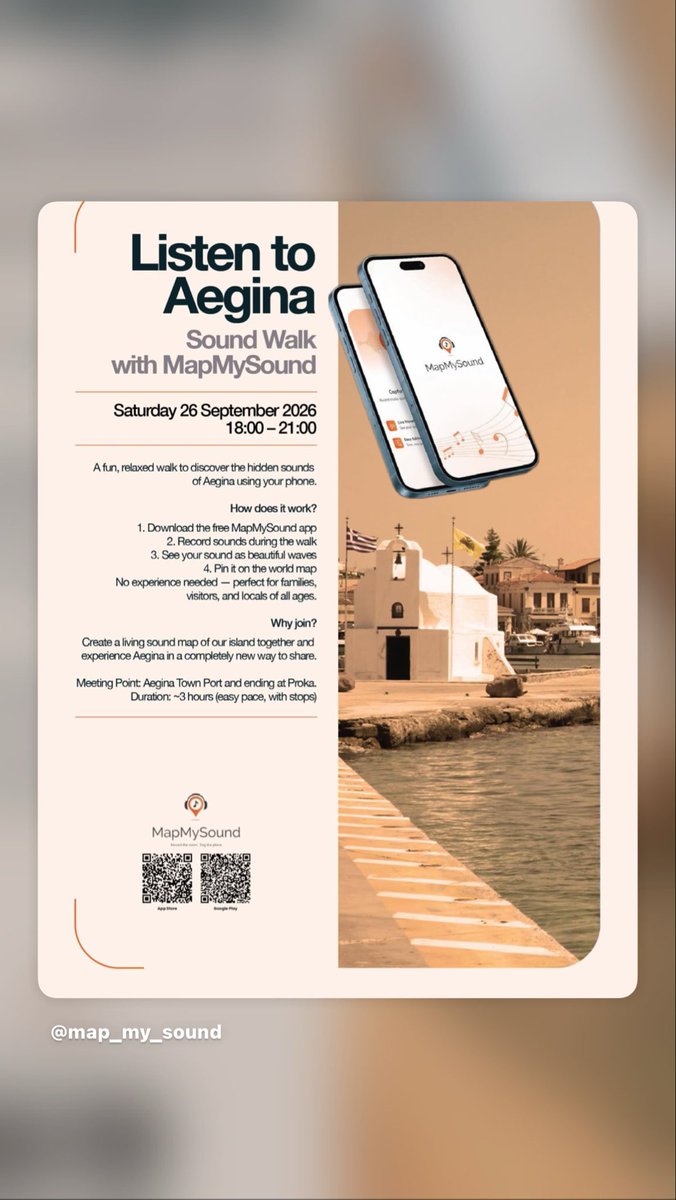 MapMySound's tweet photo. The island speaks in bells and tide.
Sept 26, 18:00 — we’re walking Aegina to listen, not just see. Free app, free walk, everyone welcome.
📍 Aegina Town Port → Proka
🎧 MapMySound
#ListenToAegina https://t.co/dPJyRQwhQU