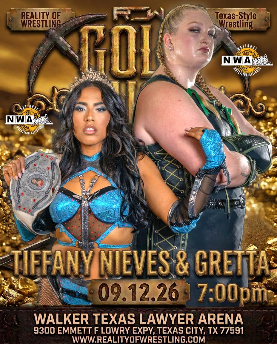 TheOfficialROW's tweet photo. 🚨‼️ BREAKING NEWS ‼️🚨

THE @nwa WORLDS WOMEN’S CHAMPION @TiffanyNieves_ RETURNS to Reality Of Wrestling — but this time, she’s NOT COMING ALONE! 

Standing by her side will be the massive 6’6” “TOWERING TERROR” @GrettaWrestler 

🚪 Doors Open: 6:30 PM
🔔 Bell Time: 7:00 PM
📍 9300 Emmett F. Lowry Expressway
Texas City, TX 77591

🎟️ Tickets On Sale NOW:
👉 https://t.co/8hEzuvyFZS