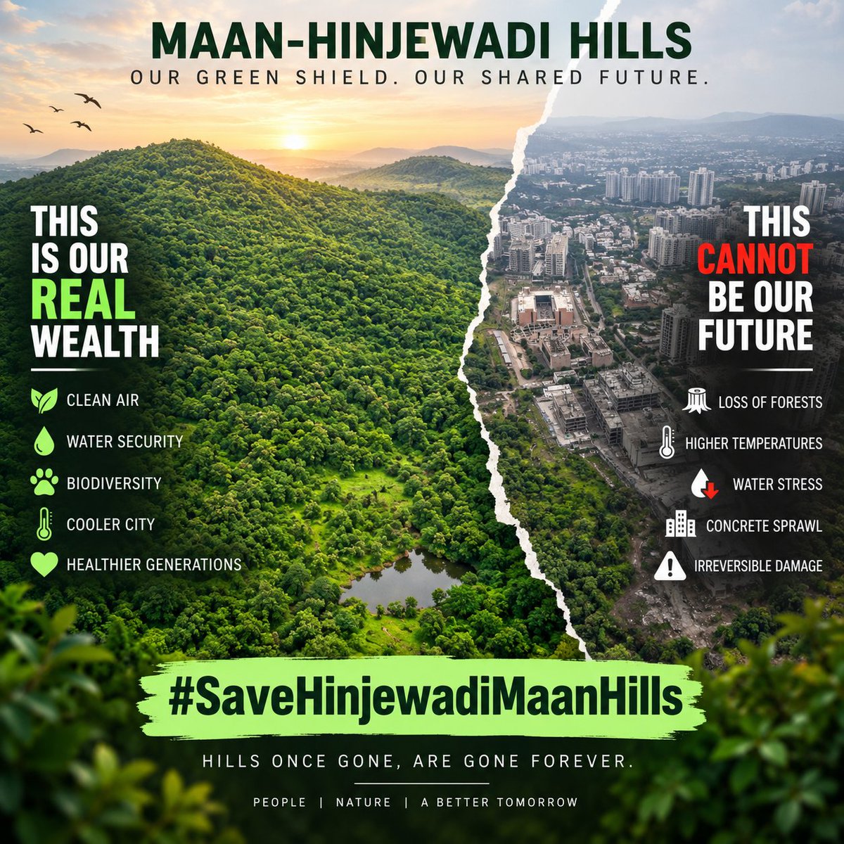 iSumitChaudhari's tweet photo. Maan–Hinjewadi Hills are not empty land. They are our green shield—protecting water, biodiversity, air &amp; Pune’s future. We can build another tower. We cannot build another hill.

#SaveHinjewadiMaanHills @PMCPune @CMOMaharashtra @MahaForest https://t.co/jd6eNwJnS6