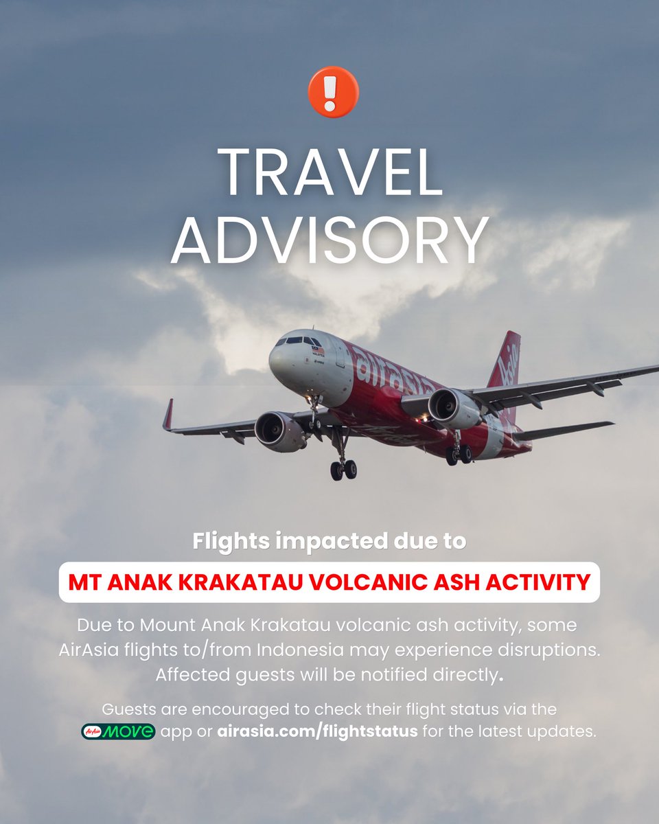 airasia_indo's tweet photo. ⚠️ Travel Advisory: Due to Mount Anak Krakatau volcanic ash activity, some AirAsia flights to/from Indonesia may be impacted. Please check your flight status via the AirAsia MOVE app or https://t.co/95Hmv6obCZ for the latest updates.

⚠️ Imbauan Perjalanan: Akibat aktivitas abu vulkanik Gunung Anak Krakatau, beberapa penerbangan AirAsia dari/ke Indonesia dapat terdampak. Silakan cek status penerbangan melalui aplikasi AirAsia MOVE atau https://t.co/95Hmv6obCZ untuk informasi terkini.