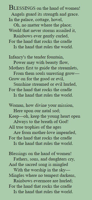 FiatLuxGenesis's tweet photo. The Hand that Rocks the Cradle rules the world. 

The mother gives the world its future. 
A mother gives life and influences the hearts and minds of her children who are the future. 

The true power of the woman lies in her femininity--not in mimicking men.

The Hand that Rocks the Cradle
Is the Hand that Rules the World

by William Ross Wallace