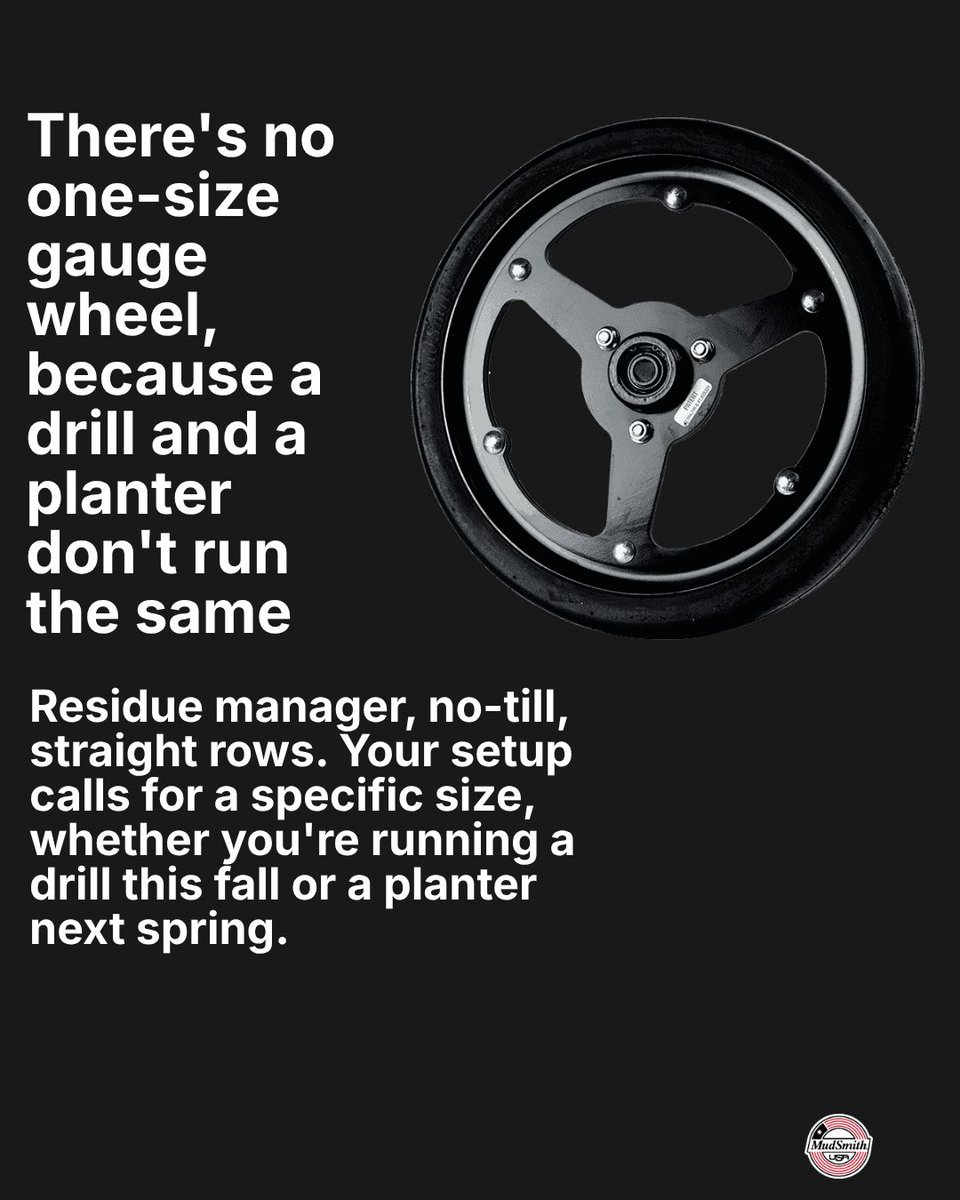 mudsmithGW's tweet photo. A drill and a planter don't run the same, so your gauge wheel shouldn't either. Running a residue manager? That's the 3-inch wheel.

Find your size at https://t.co/6bjIt3dPt6 or call 605-349-2224! https://t.co/oEw5T4ffLk