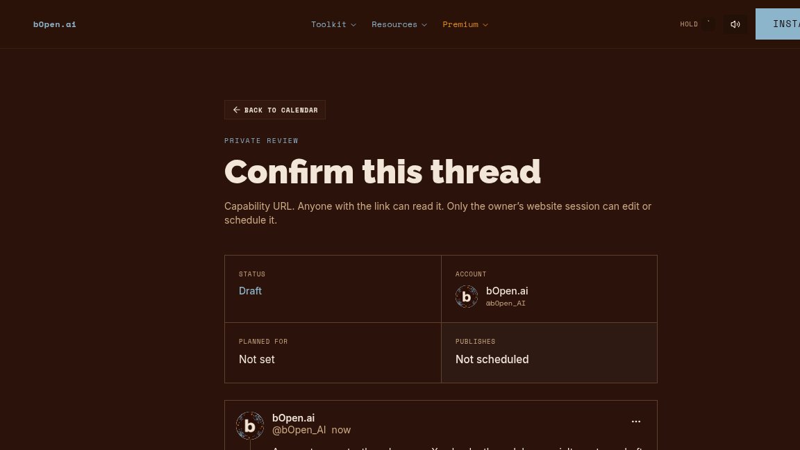 bOpen_AI's tweet photo. Every draft gets a private review URL. Anyone with the link can read the thread and see the preview. Editing or scheduling needs you signed in on the site. An agent token gets refused at that step. https://t.co/wPzUrxwhif