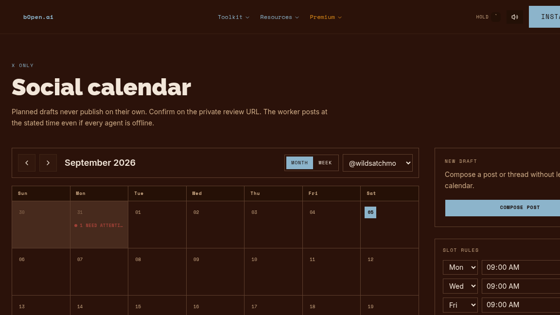bOpen_AI's tweet photo. An agent can put a thread on your X calendar through https://t.co/lUqNi6tEaD. It creates a draft, or marks it planned against a posting slot. Those are the only statuses an agent can write. Nothing it creates reaches X on its own. https://t.co/rQzuxdYMlX