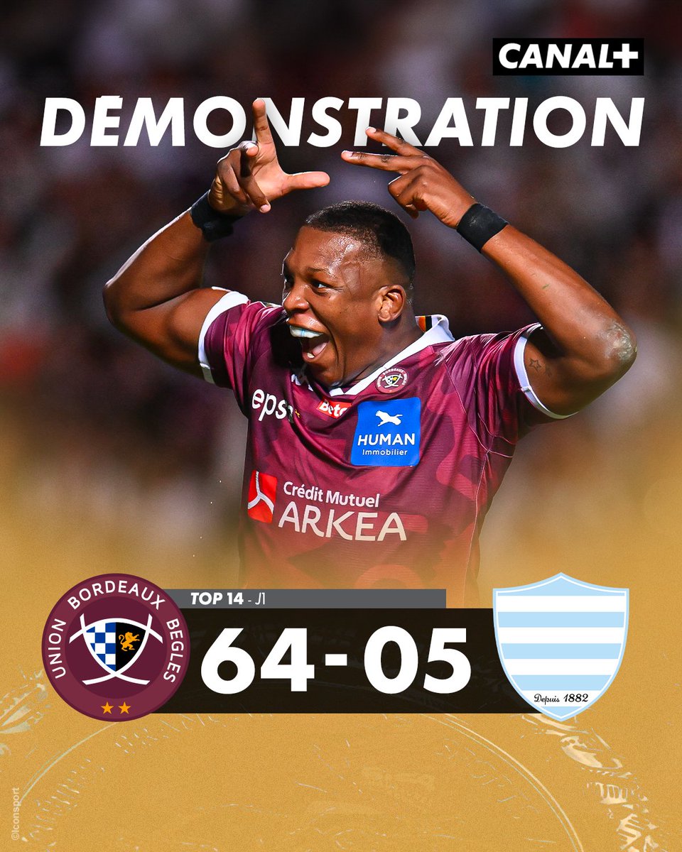 CanalplusRugby's tweet photo. BORDEAUX-BÈGLES DÉMARRE FORT 🔥 

L’UBB déroule face au Racing et lance sa saison en TOP 14 de la plus belle des manières. Une soirée également marquée par la prolongation de Louis Bielle-Biarrey jusqu’en 2029 ✍️

#UBBR92 https://t.co/4oUUV8TEQd