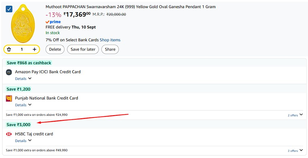 CreditYard's tweet photo. Gold at lower than Market Price 🥳

Muthoot PAPPACHAN 24K (999) Yellow Gold Oval Ganesha Pendant 1 Gram for ₹14,369

• ₹3,000 Off with HSBC Taj Credit Card