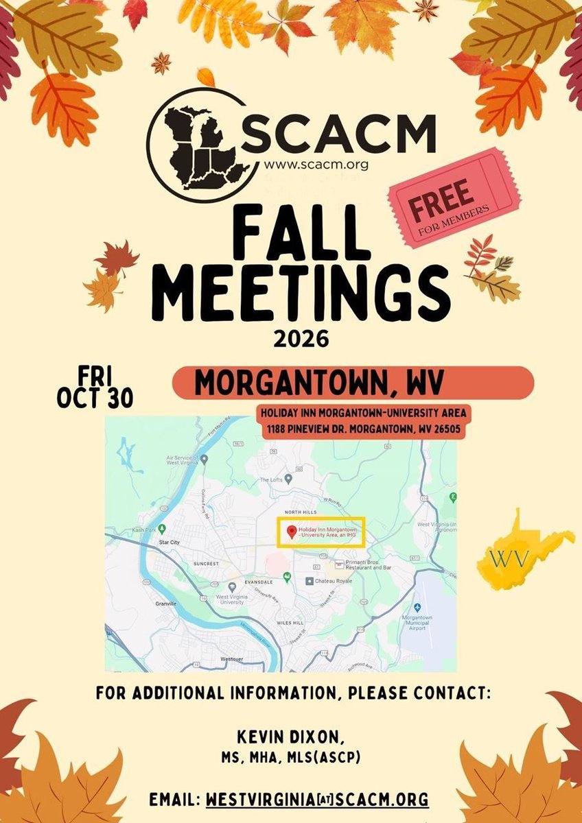 SCACMicrobio's tweet photo. SCACM Fall Meeting – West Virginia 2026 is October 30, 2026!

October 30, 2026
8:00 AM–3:30 PM
Holiday Inn Morgantown-University Area, Morgantown, WV

Register today:
https://t.co/yFBLkotbtc https://t.co/rSWuHmL6Xd