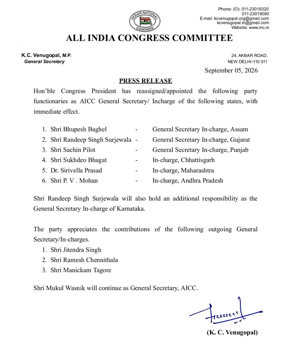 INCSandesh's tweet photo. Hon'ble Congress President has reassigned/appointed the following party functionaries as AICC General Secretary/ Incharge of the following states, with immediate effect. https://t.co/WGTfQ5aGSh