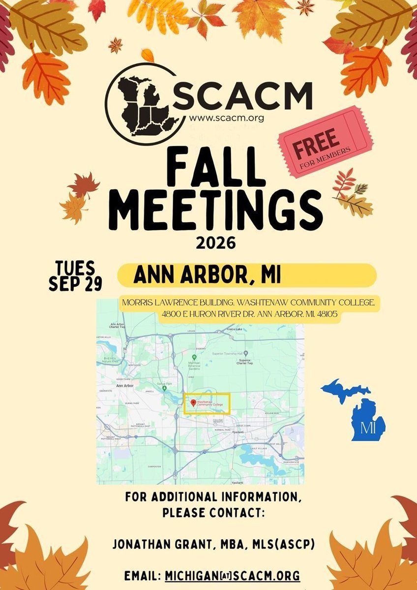 SCACMicrobio's tweet photo. LAST CHANCE!  Last day to register before prices increase!

SCACM Fall Meeting — MICHIGAN 2026!
September 29, 2026
7:30 AM – 4:30 PM
Morris Lawrence Building
Washtenaw Community College
4800 E Huron River Dr, Ann Arbor, MI 48105

Register at: 
https://t.co/7S7lB0sF1b https://t.co/E9vFXItgcr