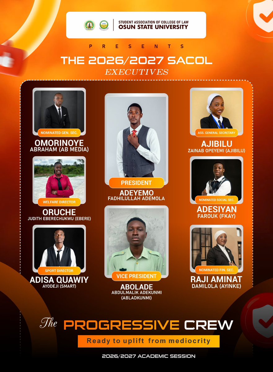ftdparrot's tweet photo. Meet the 2026/2027 SACOL Executives — the faces behind a new era of leadership, service, and progress. 🚀⚖️
The Progressive Crew: Ready to uplift from mediocrity. 🧡
#SACOL #UNIOSUN #ProgressiveCrew #2026_2027 https://t.co/NzXD1vEqNq