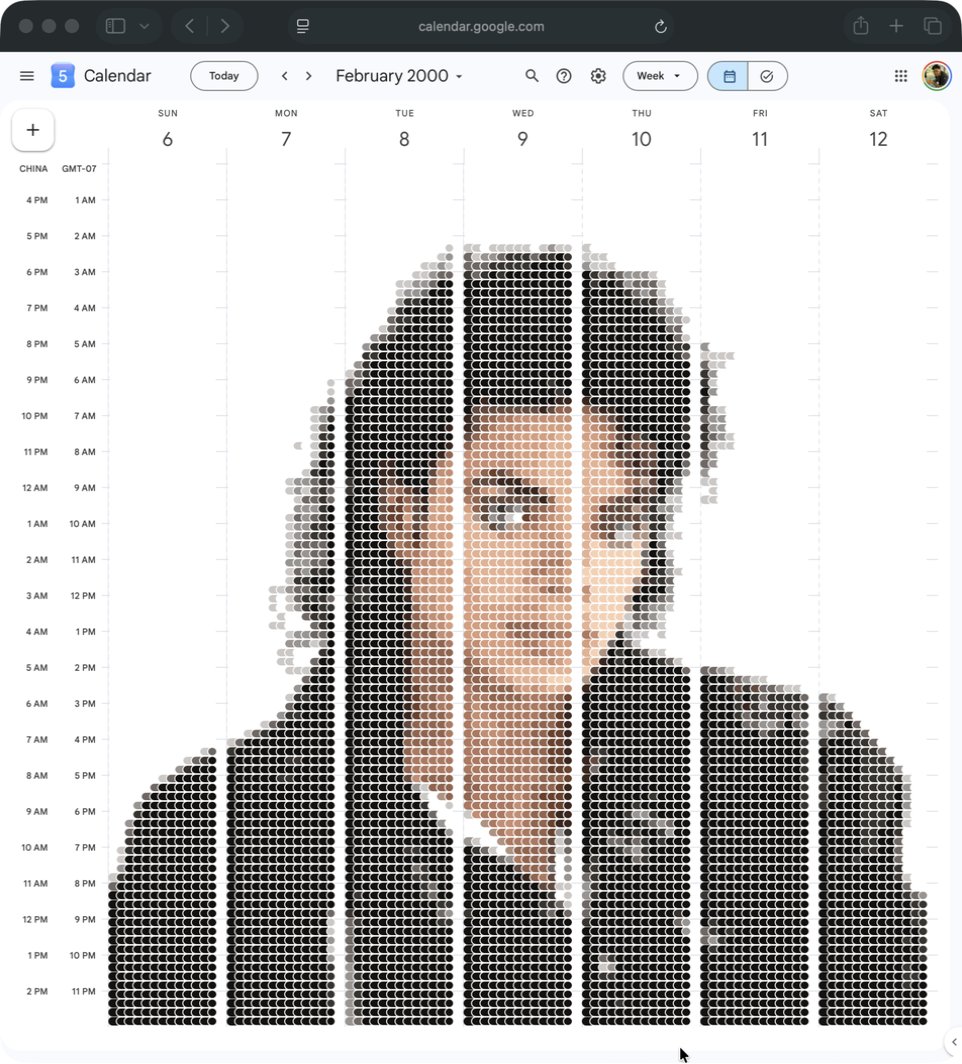 aadilpickle's tweet photo. asked gpt6 to draw michael jackson in google calendar https://t.co/VfVb8c5stv