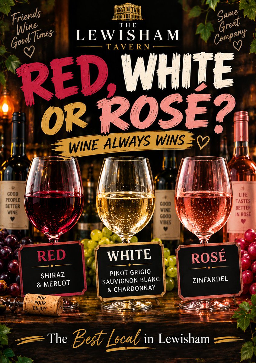 TavernLewisham's tweet photo. 🚨 WARNING: “JUST ONE GLASS” HAS ENTERED THE CHAT. 🍷😈

Red, white or rosé? Why choose? You’ve already lied to yourself once tonight… 😂

Grab your mates and come make some pour decisions at The Lewisham Tavern. 😏🍷

#Lewisham #TheLewishamTavern #WineOClock https://t.co/GmCWupBG7k