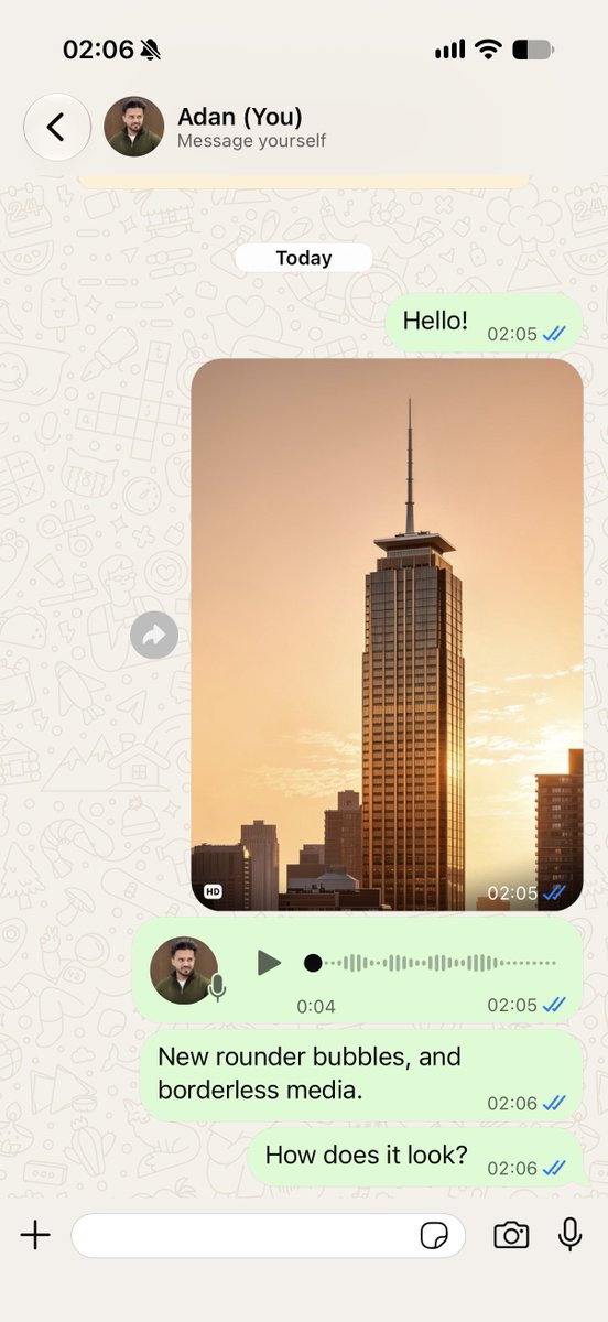 itsdurreadan's tweet photo. New on WhatsApp for iOS: 

Bubbles are now rounder. And media bubbles are now borderless. https://t.co/9t1tTs3o2d