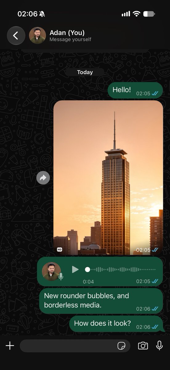 itsdurreadan's tweet photo. New on WhatsApp for iOS: 

Bubbles are now rounder. And media bubbles are now borderless. https://t.co/9t1tTs3o2d