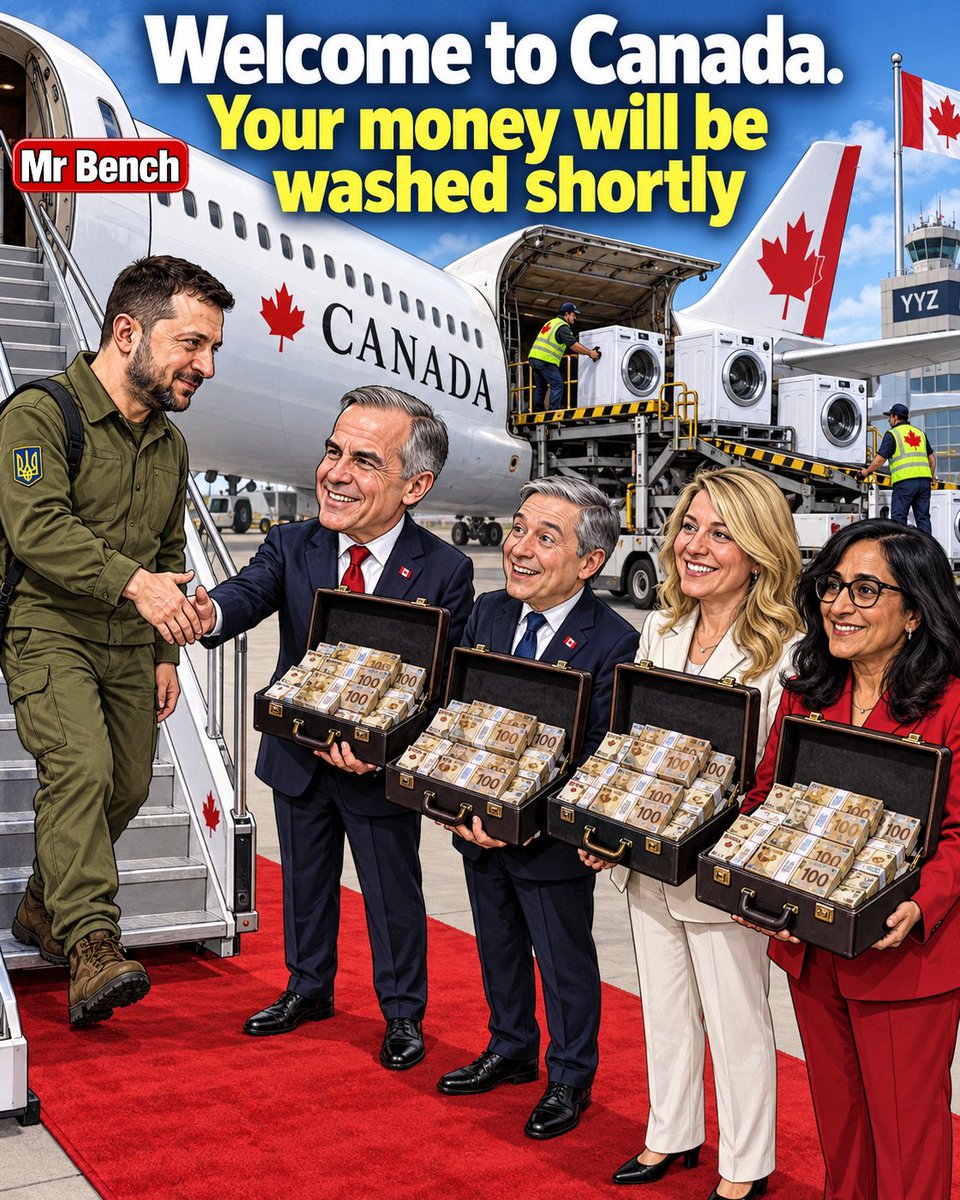 therealmrbench's tweet photo. Carney’s welcome package for Zelensky: red carpet, open briefcases and a full laundry service.

Champagne, Joly and Anand brought the cash. Zelensky brought the appliances.

Welcome to Canada. Your money will be washed shortly.

Canadian taxpayers get the spin cycle. https://t.co/ueICD3fZMN