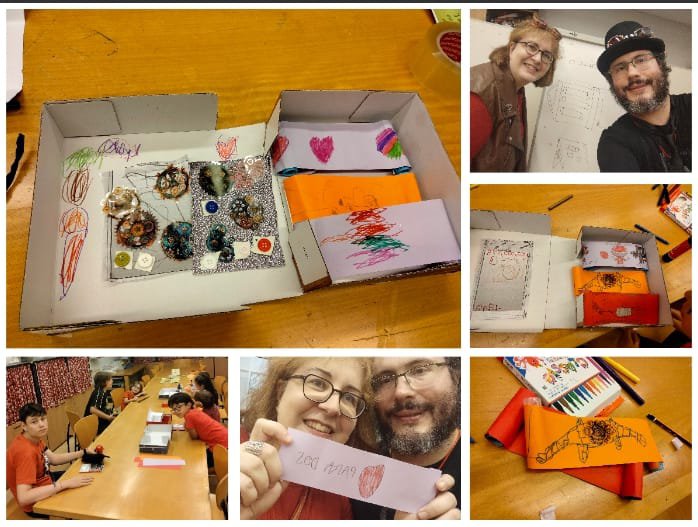 libromecanico's tweet photo. Gracias a @lostregofesti por la oportunidad de dar a conocer el #libromecanico a los más pequeños. Este es el resultado del taller. Además nos han regalado un dibujo que nos ha encantado a @magugo33 y a mí  y ellos se han llevado su carnet de inventores 🎨♥️🦾⚙️🎩 https://t.co/uX5wGkd5NN