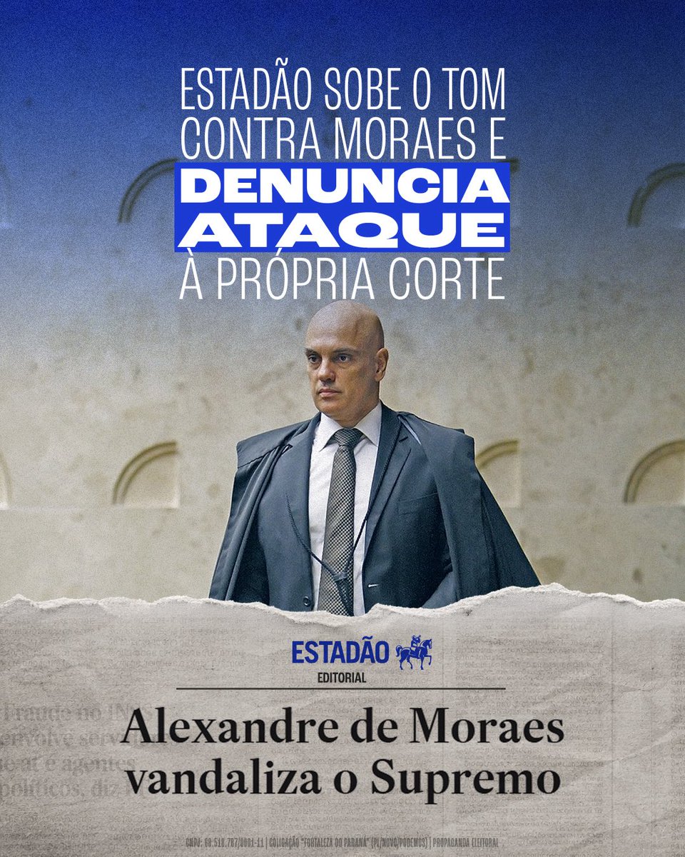 deltanmd's tweet photo. 🚨 A PRESSÃO DA IMPRENSA SOBRE MORAES SÓ AUMENTA!

O Estadão voltou subir o tom em um novo editorial, desta vez com um título que não deixa margem para dúvida: “Alexandre de Moraes vandaliza o Supremo”.

O jornal afirma que Moraes causou um grave dano institucional ao STF ao usar a estrutura da Corte em sua defesa pessoal e critica sua tentativa de deslocar o debate das mensagens com Daniel Vorcaro para a maneira como André Mendonça chegou a elas.

Nas palavras do próprio Estadão, Moraes estaria apostando na confusão para evitar responder sobre “o mérito das suspeitas contra si”. 

Já não estamos falando apenas de críticas vindas da direita ou da oposição.

Cada vez mais veículos reconhecem que a crise envolvendo Moraes ultrapassou sua situação pessoal e passou a atingir a imagem do próprio STF.

A toga não pode servir de escudo para ninguém.

🇧🇷 SUPREMA É A CONSTITUIÇÃO. FORA MORAES!