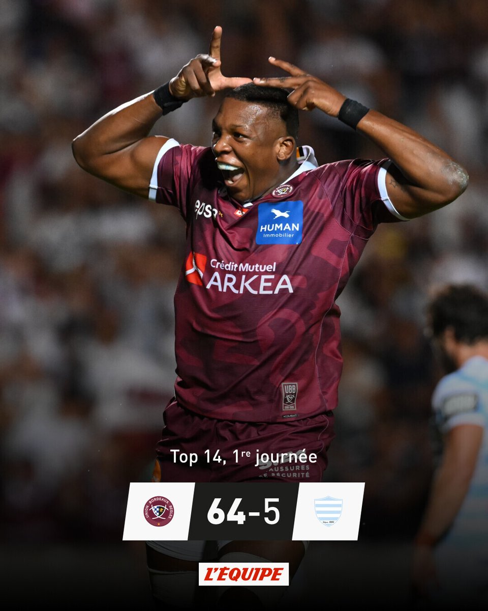 lequipe's tweet photo. Bordeaux-Bègles donne une leçon au Racing et prend provisoirement la tête du Top 14
➡️ https://t.co/crm1WgfZjF https://t.co/19E5wNzA0x