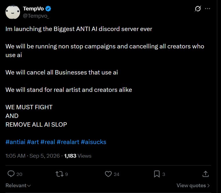 priestessofdada's tweet photo. Im launching the BIggest PRO AI discord server ever

We will be running non stop campaigns and cancelling all creators who don’t use ai

We will cancel all Businesses that refuse to use ai

We will stand for fake artists and prompters everywhere

WE MUST DRINK MOCHAS
AND
BURY THE WORLD IN AI SLOP

#proai #art #real #fakeart #nosoupforyou #dadaislife #absurdistparody