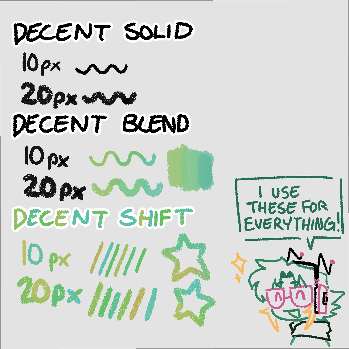 DecentAtari's tweet photo. I made a brush pack! These are the main ones I use for my sticker chibis + any other comms moving forward!!

#VGen link below !!! :D https://t.co/0DgPHvntZK