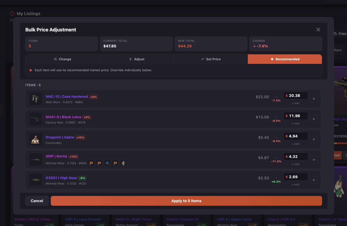 skinscave's tweet photo. Reprice all your listings with one click!

Choose from a percentage change, a fixed amount, a specific price, or Skinscave's recommended price.

Or use one option and override certain items individually. https://t.co/FE9pcdSV0E
