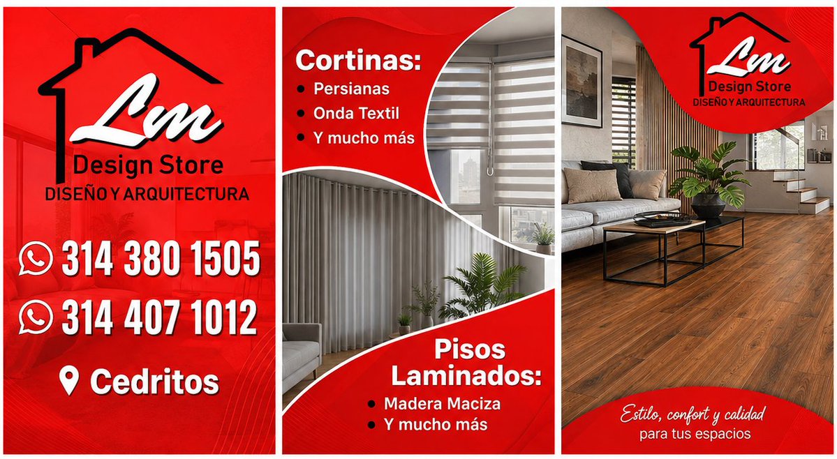 TodoCedritos's tweet photo. LM Design Store Diseño y Arquitectura en #Cedritos #TodoCedritos #Bogotá #Cortinas #Pisos #Decoración!
314 380 1505
314 407 1012
Cedritos
Cortinas:
Persianas
Onda Textil
Y mucho más
Pisos Laminados:
Madera Maciza
Y mucho más
Divisiones de baño
https://t.co/zeYMwNVeko https://t.co/XsKABKLEAS