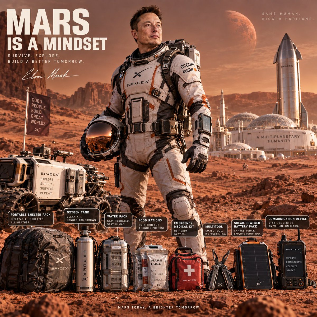 MartiansOfMars's tweet photo. Mars starter pack:

Oxygen. Water. Food. Power. Comms. Shelter. 

A suit that keeps you alive.

That’s the minimum.

The real mission is bigger: build a self-sustaining civilization where humans stop being a single-planet species.

Earth made humans.
Mars makes Martians. https://t.co/DOXWW4GRrH