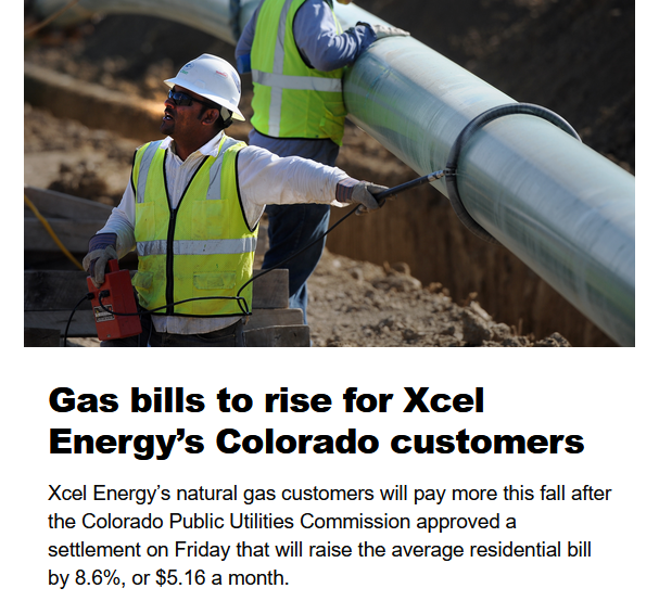 FreeStateColor1's tweet photo. Hey Colorado, it's time for a change! 

When you pay your gas and electricity bills every month you should be cursing our state government!

"Xcel Energy’s natural gas customers will pay more this fall after the Colorado Public Utilities Commission approved a settlement on Friday that will raise the average residential bill by 8.6%, or $5.16 a month.

"The settlement will also raise small-business bills by an average of 9.2%, or $22.76 a month.

"The new rates are effective Oct. 6."