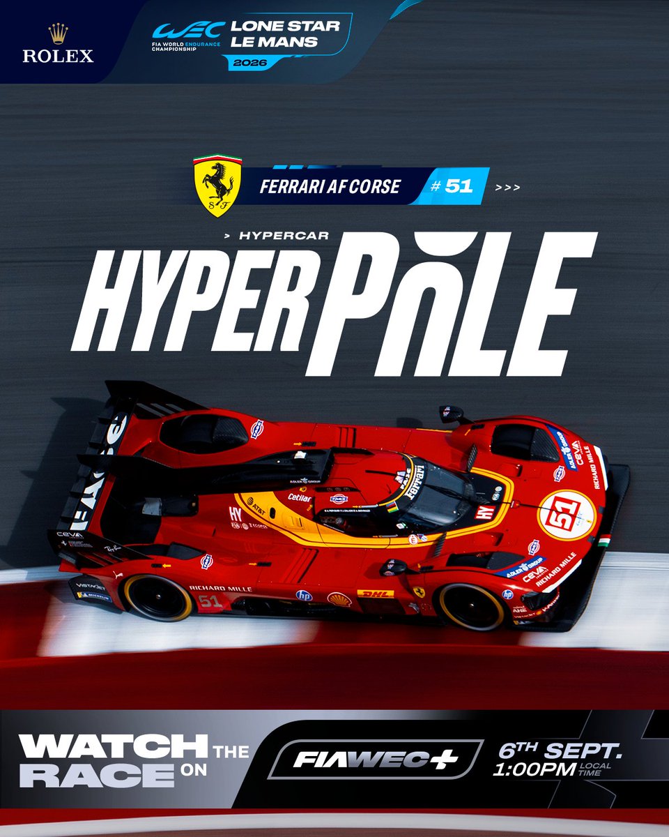 FIAWEC's tweet photo. FERRARI ON POLE AT COTA 🙌

@Anto_Giovinazzi goes fastest in the #51 @FerrariHypercar for Lone Star Le Mans.

#WEC #6HCOTA #Ferrari https://t.co/RhlBtEvHHm