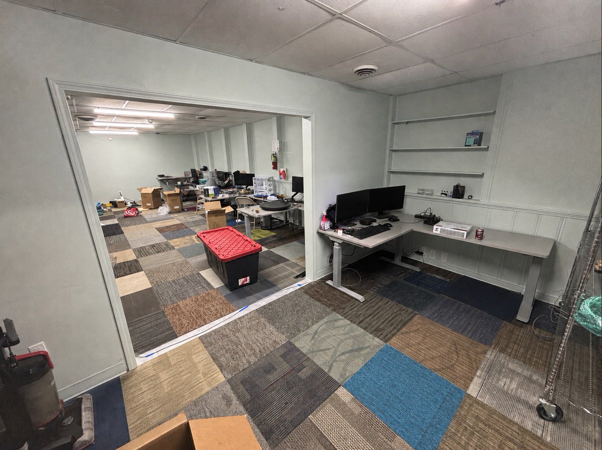 Brparadox's tweet photo. In our first week of being in Fort Worth, TX, we’ve made incredible progress. We’re not quite pumping out orders yet though. So far, we:

- Upgraded the power in our studio and production room.
- Ran Ethernet to nearly every room.
- Assembled most desks & racks for production and inventory.
- Cleaned all the carpets and bathrooms.

We are working today and on labor day, to have a productive week next week and successfully ship out orders.