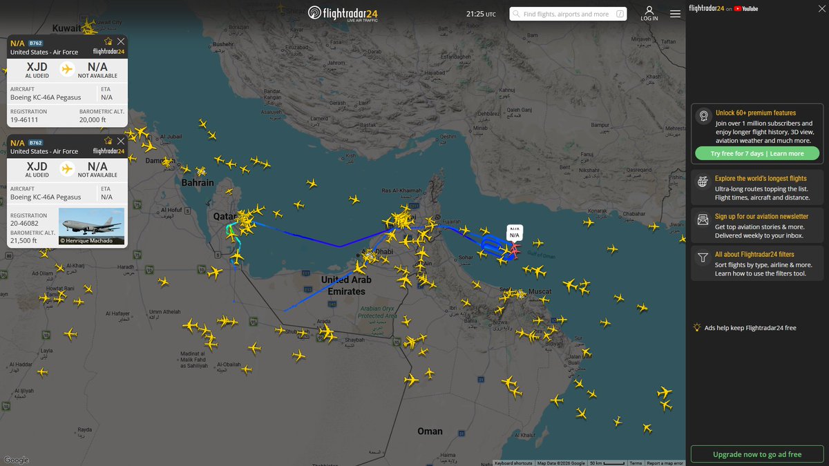 AIYeyENGDdJkjTr's tweet photo. Sept. 6, 2026
#Al-Udeid Air Base ==> #Gulf of Oman 

#NoCALLSIGN #AFA175 USAF KC-46A Pegasus 
#NoCALLSIGN #AE63BE USAF KC-46A Pegasus 

#Al-Udeid Air Base ==> #Musandam Peninsula 

#NoCALLSIGN #AED555 USAF KC-46A Pegasus https://t.co/Nkon2UIfuD