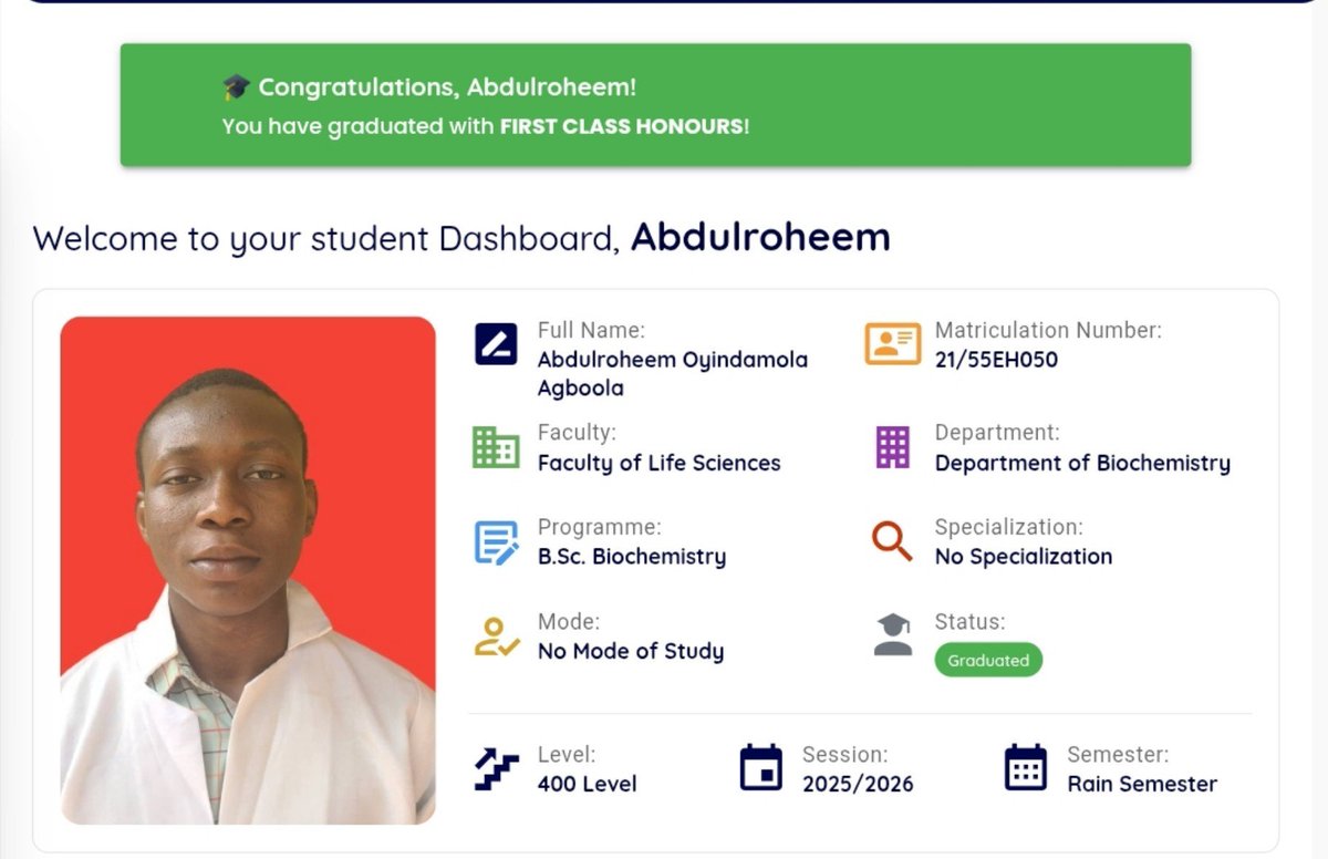 TheBigThinker01's tweet photo. Alhamdulilahi,I'm a first-class grad
Thanks toGod,and everyone that contributed to this success. Posts of  @SirJarus,@AskMichaelTaiwo,@olumuyiwaayo on how good grade is a stepping stone to good life really motivates me.I'm not there yet but a moving man will one day meet his luck https://t.co/u0FF0OynQV