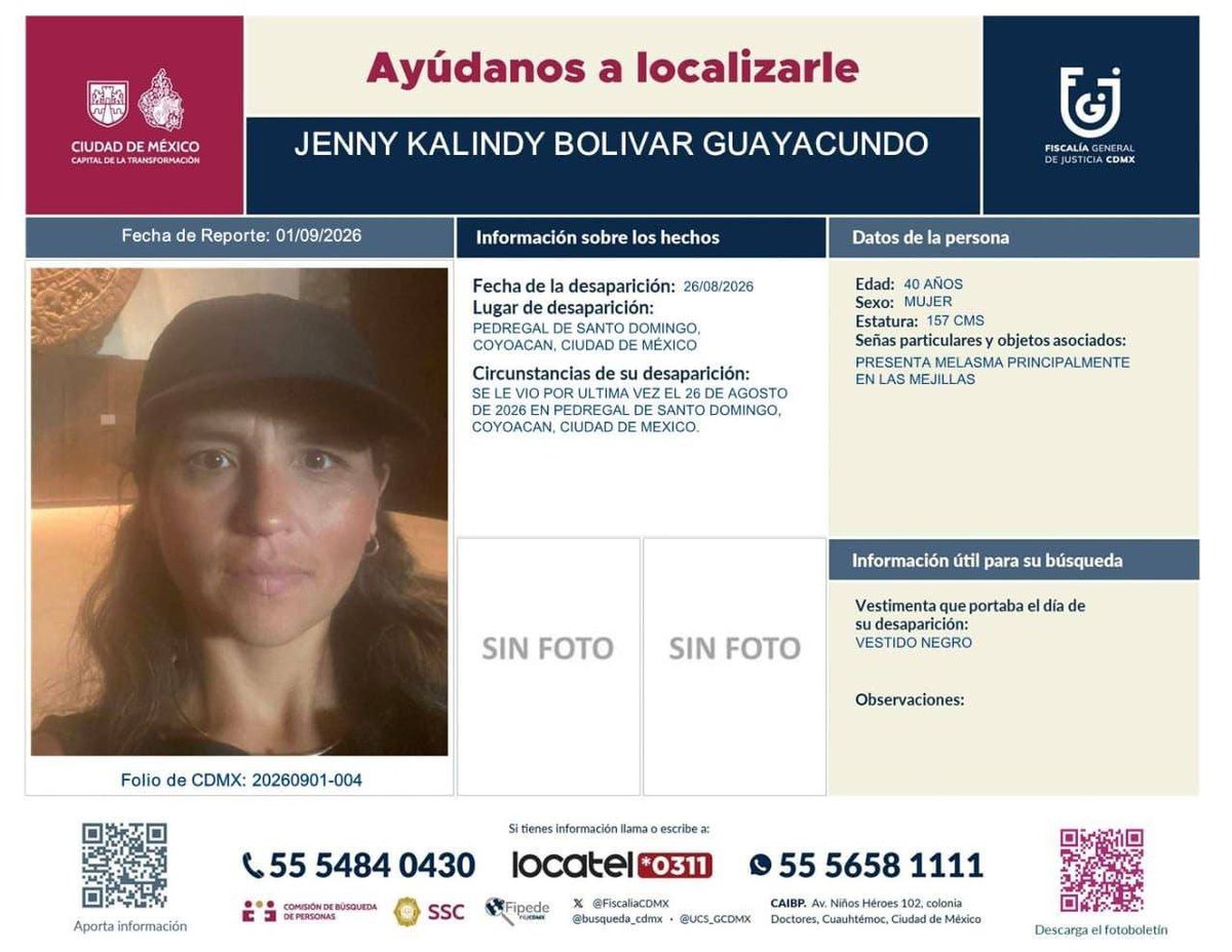 adnnoticiasmx's tweet photo. 🚨👀 ¡Ayúdanos a localizarla! Jenny Kalindy Bolívar Guayacundo, de 40 años, fue vista por última vez el 26 de agosto en la alcaldía Coyoacán (@Alcaldia_Coy), #CDMX. Cualquier información es esencial para que vuelva a casa https://t.co/RJVL863UfU