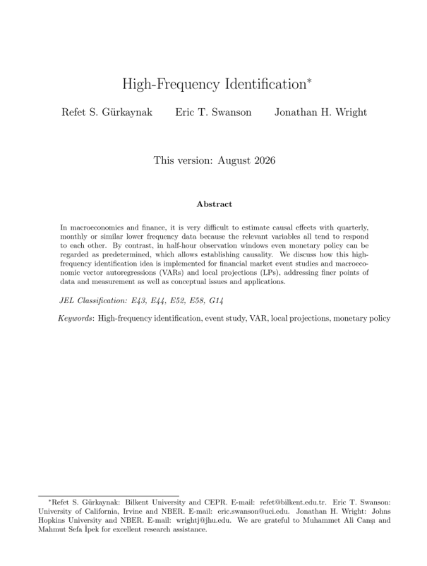 int_mon_econ's tweet photo. Very valuable!

"High-Frequency Identification" by Refet S. Gürkaynak, Eric T. Swanson, and Jonathan H. Wright.

"In macroeconomics and finance, it is very difficult to estimate causal effects with quarterly, monthly or similar lower frequency data because the relevant variables all tend to respond to each other. By contrast, in half-hour observation windows even monetary policy can be regarded as predetermined, which allows establishing causality. We discuss how this high-frequency identification idea is implemented for financial market event studies and macroeconomic vector autoregressions (VARs) and local projections (LPs), addressing finer points of data and measurement as well as conceptual issues and applications."

https://t.co/4dO3m3hdoE