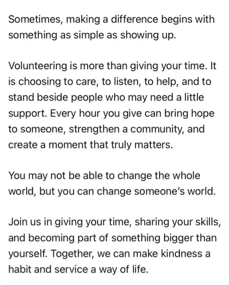 CharitySharom's tweet photo. You never know how much your time can mean to someone else. Show up, lend a hand, and leave a little more hope behind than you found. Volunteering is not just about giving back, it’s about being part of something that matters. https://t.co/JqNbzKJbnc https://t.co/WSmMZj8MT2
