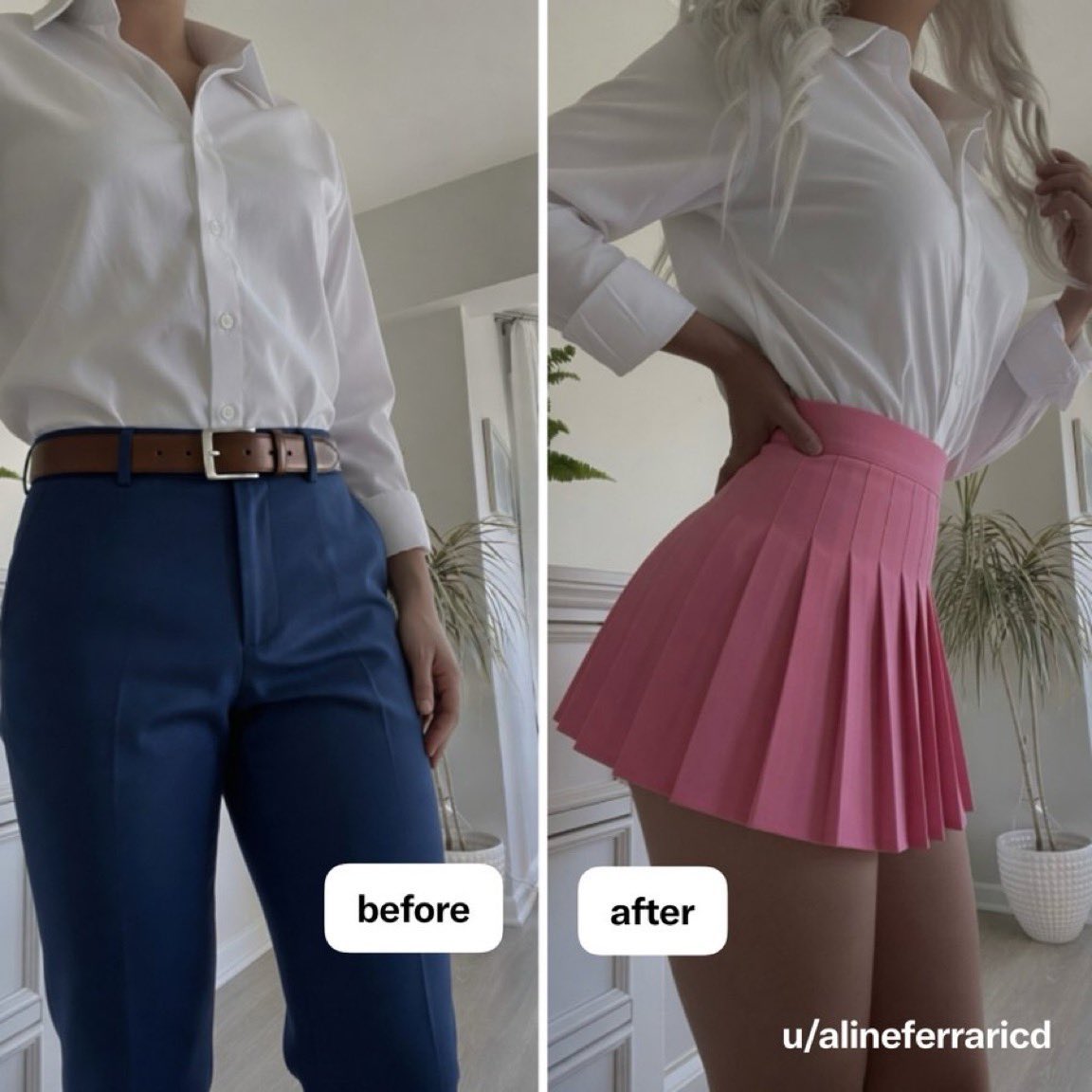 SkyAlineFerrari's tweet photo. This is the same white button down I wear everyday, but styled a little differently 💁🏼‍♀️ what do you think ? Left or right? 💕

#sissy #femboy #crossdresser #crossdressing #trans #fyp #explorepage #cd https://t.co/dt5KK8Q1Wk