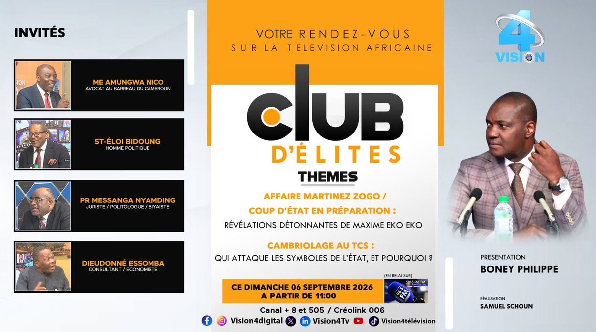 vision4_tv's tweet photo. ⚫🟠CE DIMANCHE 06/09/2026  À PARTIR DE 11H00 NE MANQUEZ SURTOUT PAS VOTRE ÉMISSION DE DÉBAT CLUB D'ÉLITES.

Présentation : BONEY Philippe 

🛜 LIVE SUR FACEBOOK ET YOUTUBE 
BON WEEK-END À TOUS SUR VISION4 !
008 et 505 de canal+ 
008 de creolink
#Visionners
#Vision4
#followers https://t.co/ltPjsiYp9W