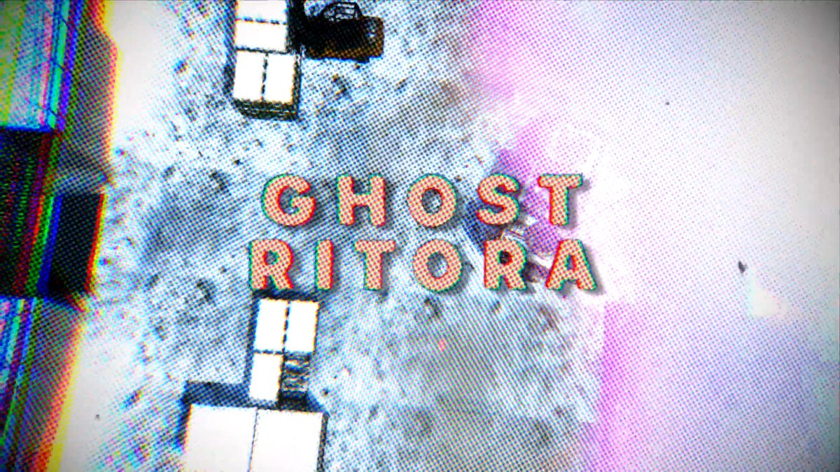 The image displays the words "GHOST RITORА" in retro red text over a glitchy, grainy black-and-white aerial background, likely serving as stylized birthday artwork for the user @r1tora referenced in the post. The glitch aesthetic and halftone effect give it a vintage, distorted visual feel fitting for celebrating their birthday.