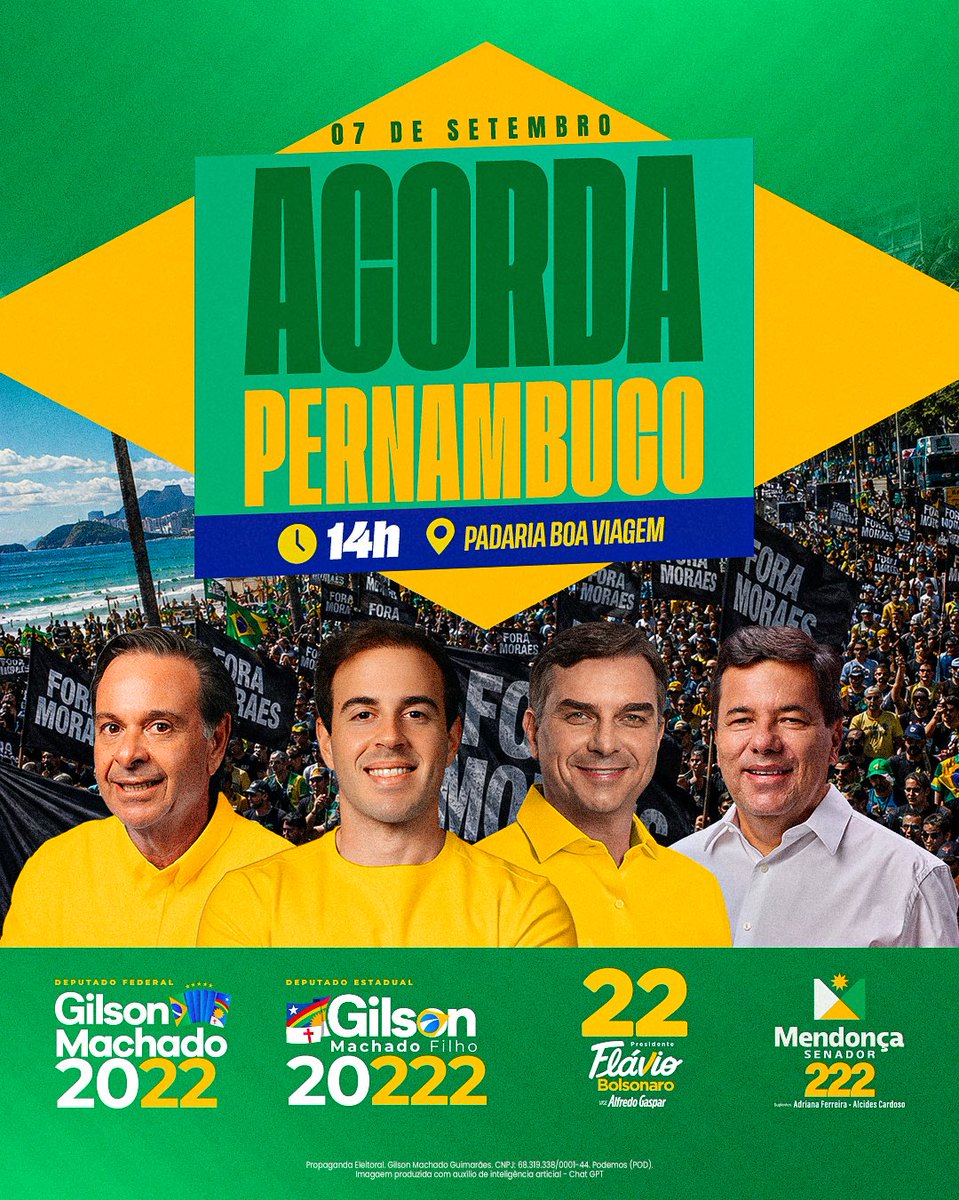 GilsonMachado22's tweet photo. Compartilhem! Conto com a presença de TODOS os pernambucanos de bem! FORA MORAES ❌🔥

📅 07 de setembro, às 14h
📍 Avenida Boa Viagem, em frente à Padaria Boa Viagem. https://t.co/JfAT3WqVto