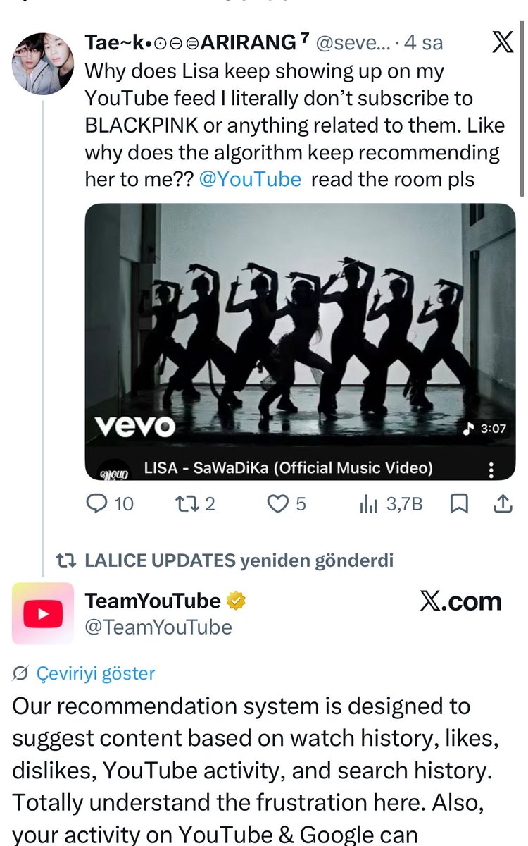luvmeyun's tweet photo. Kahkaha atıyorumm izlenme diye bir yerlerinizi yırtıp aptal tweetler atıyorsunuz ama sizin bu tweetlere Youtube ment atıp sizi fena rezil ediyor 😭 Gizlice Lisa diye aratmış veya izlemiş yt tarafından yakalanmışsın bide tweeti silmiş çok cahilce bir rezillik çok https://t.co/S67BxtwVg7