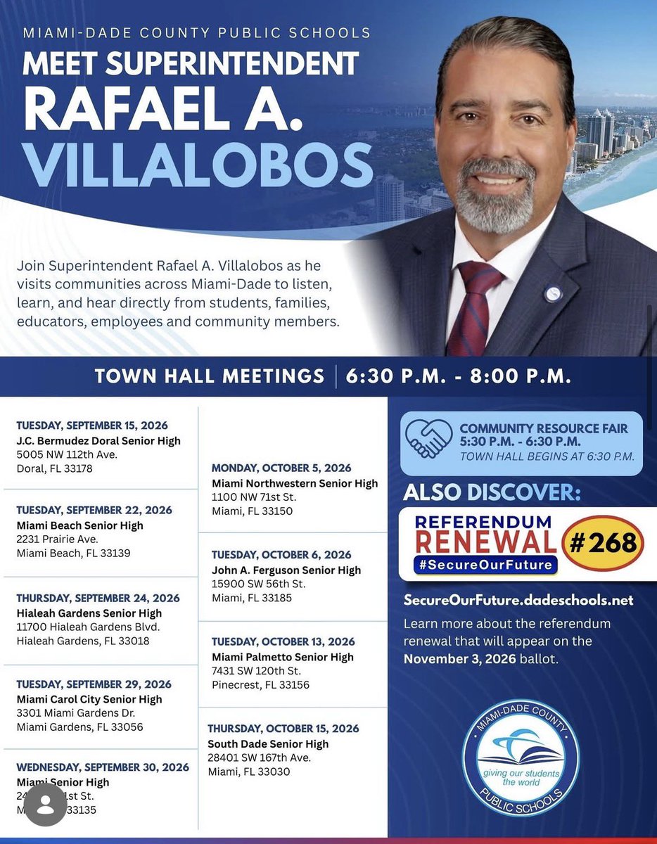 Lindsey_HTC's tweet photo. Please join @miamisupt at one of his upcoming Town Hall Meetings! 
Come listen, learn, and hear more about our shared vision for the future of our schools. Secure Our Future Referendum on the November ballot.
Your voice matters!
#StepUpToSuccess #YourBestChoiceMDCPS https://t.co/jPkw0wRDe5