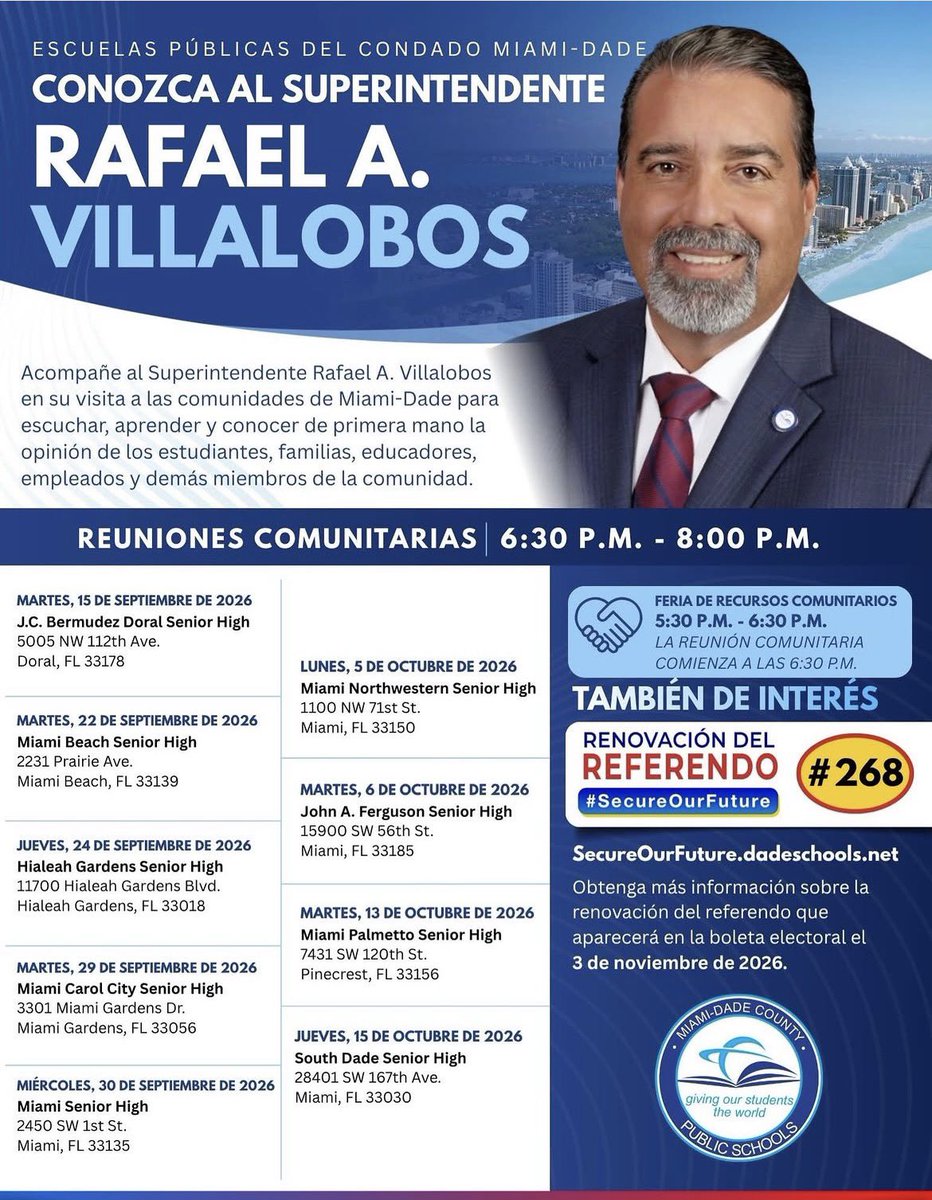 Lindsey_HTC's tweet photo. Please join @miamisupt at one of his upcoming Town Hall Meetings! 
Come listen, learn, and hear more about our shared vision for the future of our schools. Secure Our Future Referendum on the November ballot.
Your voice matters!
#StepUpToSuccess #YourBestChoiceMDCPS https://t.co/jPkw0wRDe5
